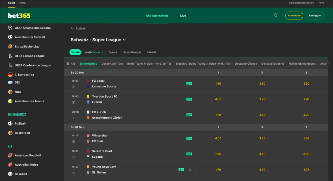 screenshot bet365 wetten schweiz super league